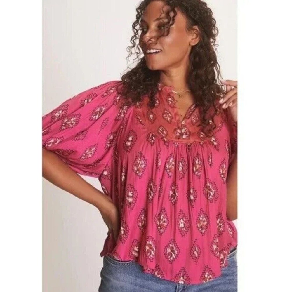Anthropologie Womens Top Size S Pink Diamond Print Flowy Balloon Bohemian Blouse